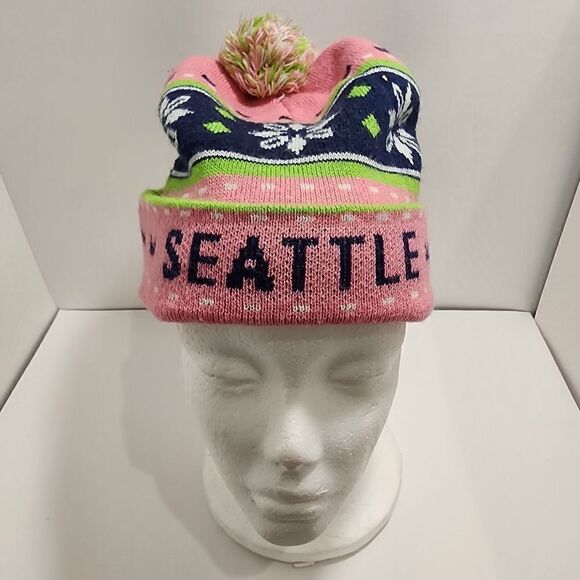 Seattle Seahawks 12 Pink Knit Beanie Hat Winter Cap Pom - Picture 3 of 7